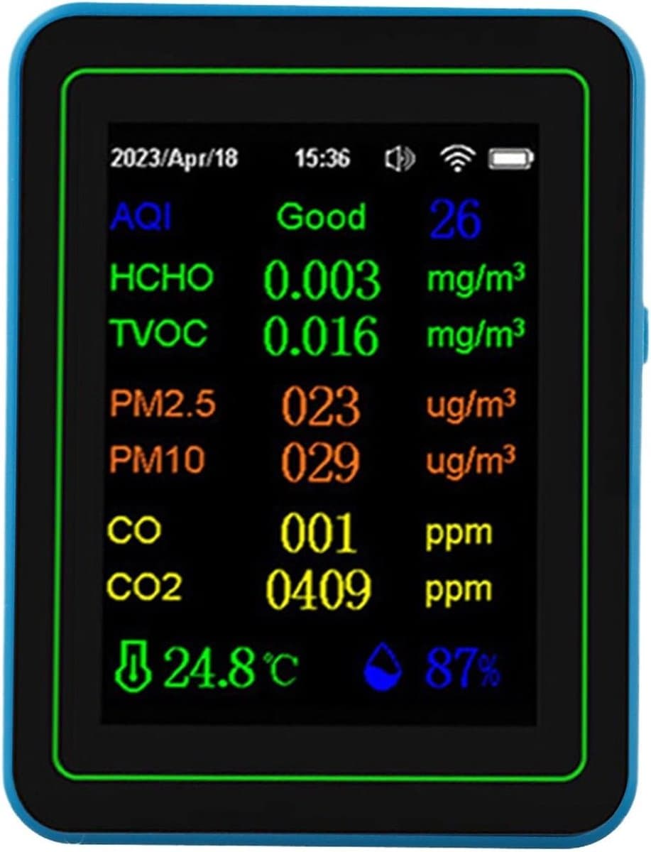 Luchtkwaliteit Monitor - Pollutie Tester - Binnen Buiten - 12-in-1 Metingen - Temperatuur Vochtigheid - Wit