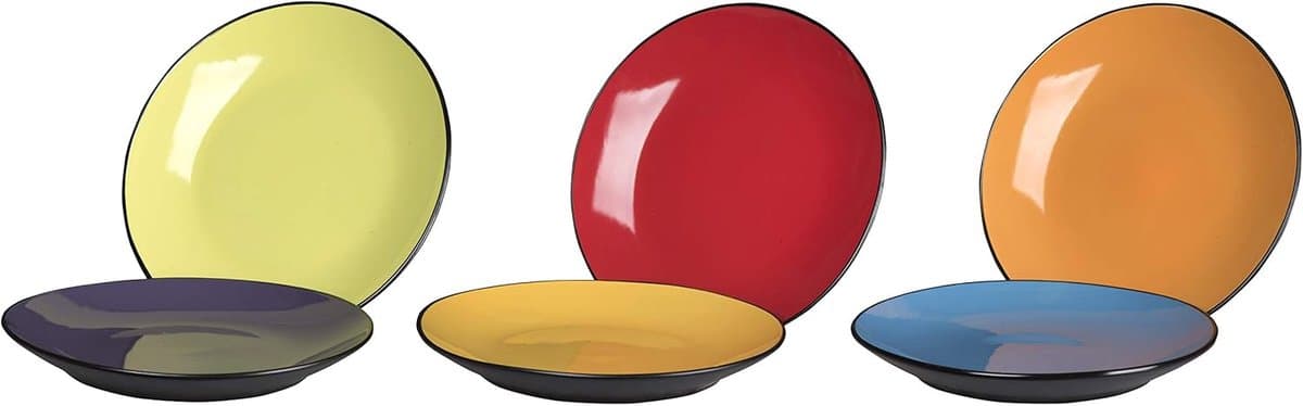 6-pack keramische saladeborden - vaatwasser en magnetron veilig - 20 cm - zwart met kleur