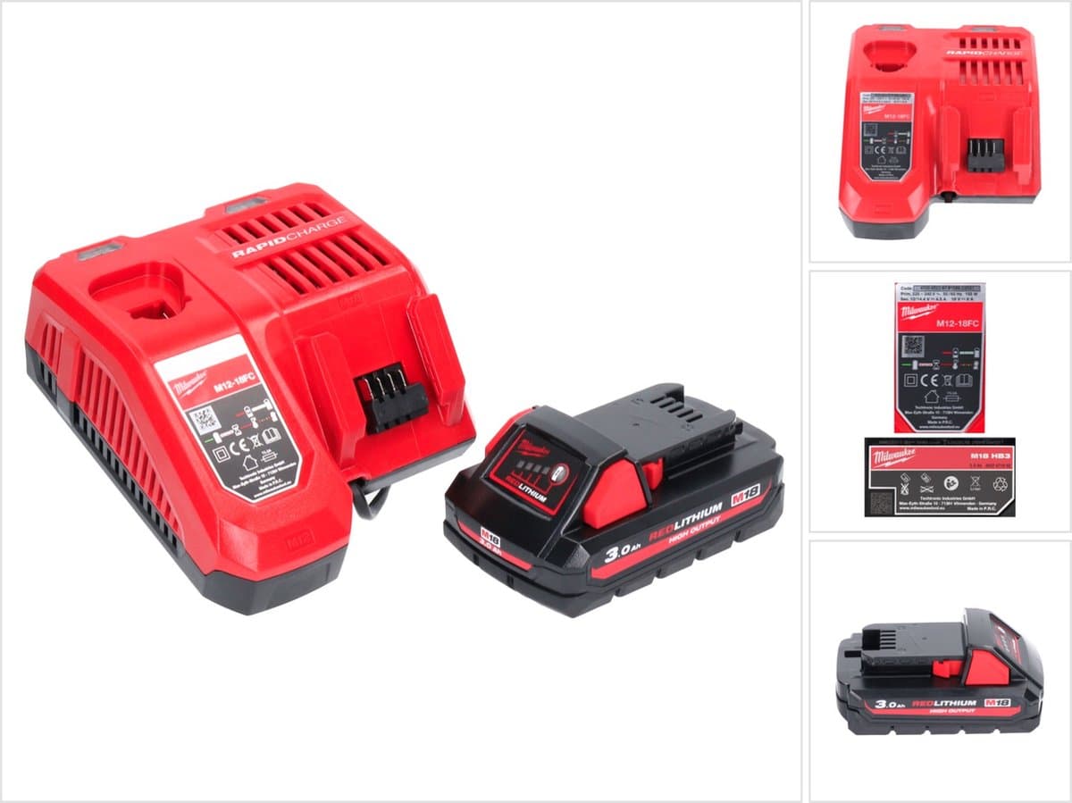 Milwaukee M18 NRG-301 accu-starterset High Output 18 V 3,0 Ah / 3000 mAh Li-ion-accu ( 4932471069 ) + M12-18FC-lader ( 4932451079 )