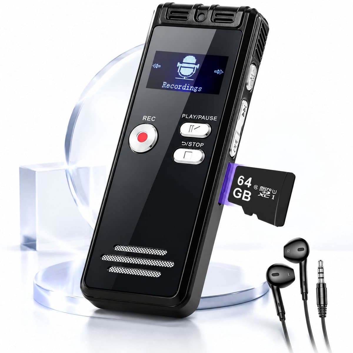 VHV - 64GB Digitale voice recorder - HD-Opnamekwaliteit tot 1536 Kbps - afluisterapparatuur - One-touch HD-recorder met dubbele microfoon - voor lezing, interview en vergadering