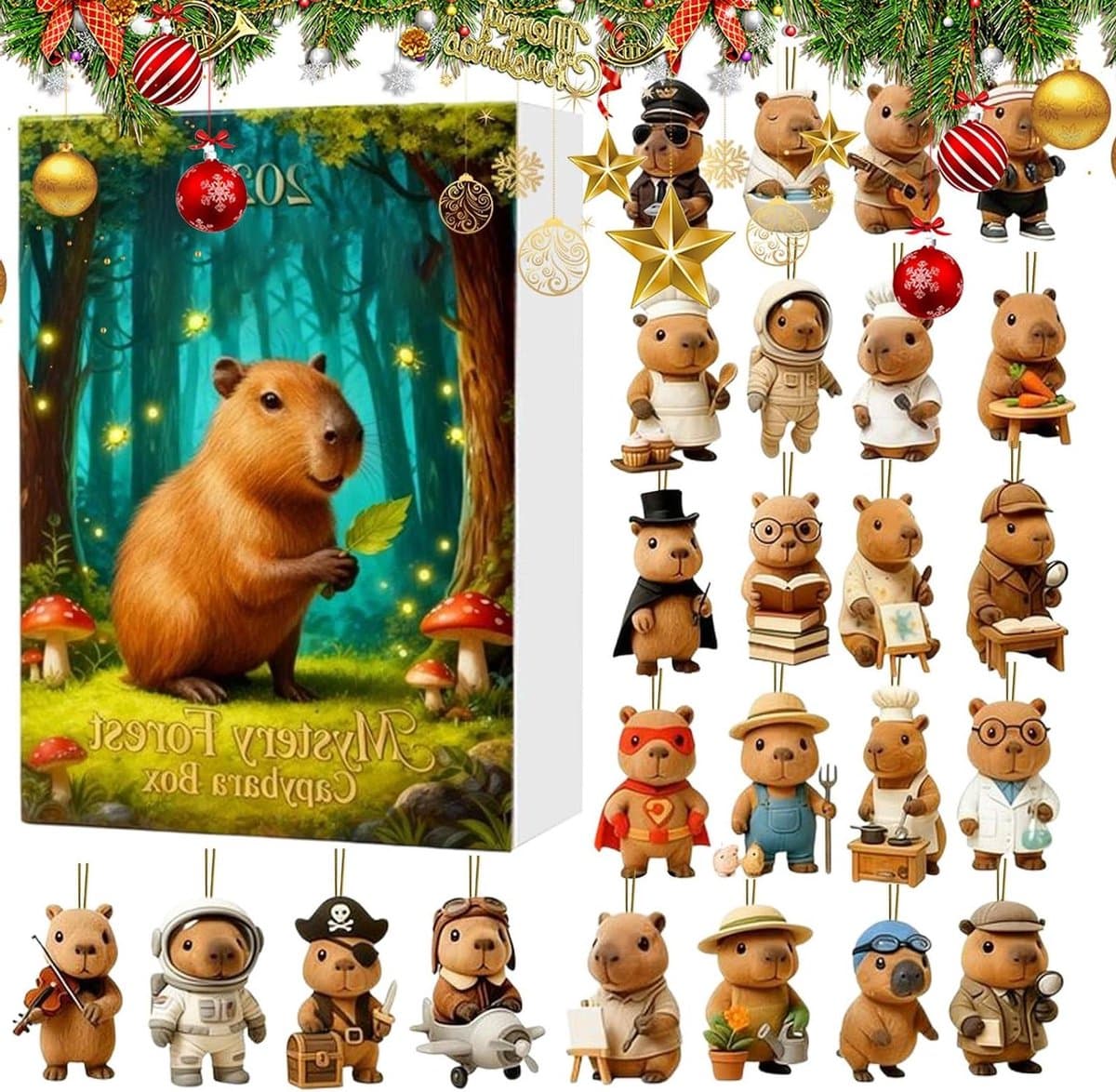 Aftelkalender Kerst - Adventskalender Capybara Decoratie - Feestelijke Countdown - 24-Daagse Ontdekkingen - 27.2 x 19.1 x 4 cm
