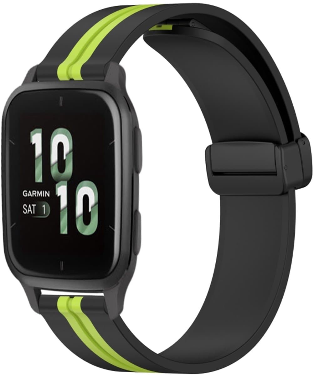 Voor Garmin Forerunner Sq2 20mm opvouwbare magnetische sluiting siliconen horlogeband (zwart + limoengroen)