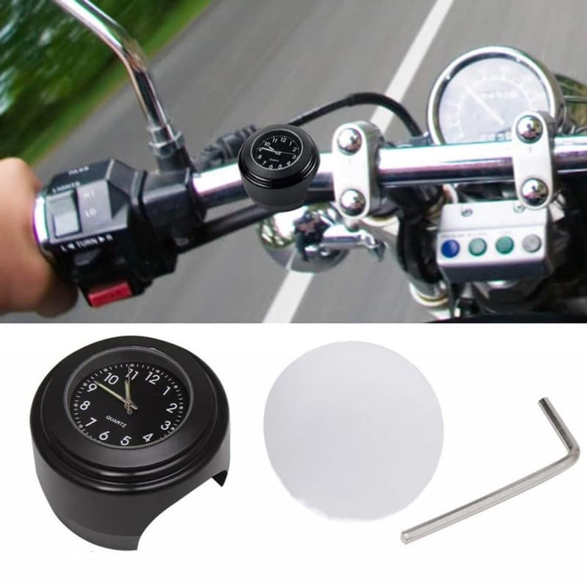 Dailygoods - Motorfietsstuurhorloge - Waterdicht - Aluminiumlegering met antislip pad - Zwart - Kwartshorloge - Geschikt voor 22-25 mm sturen