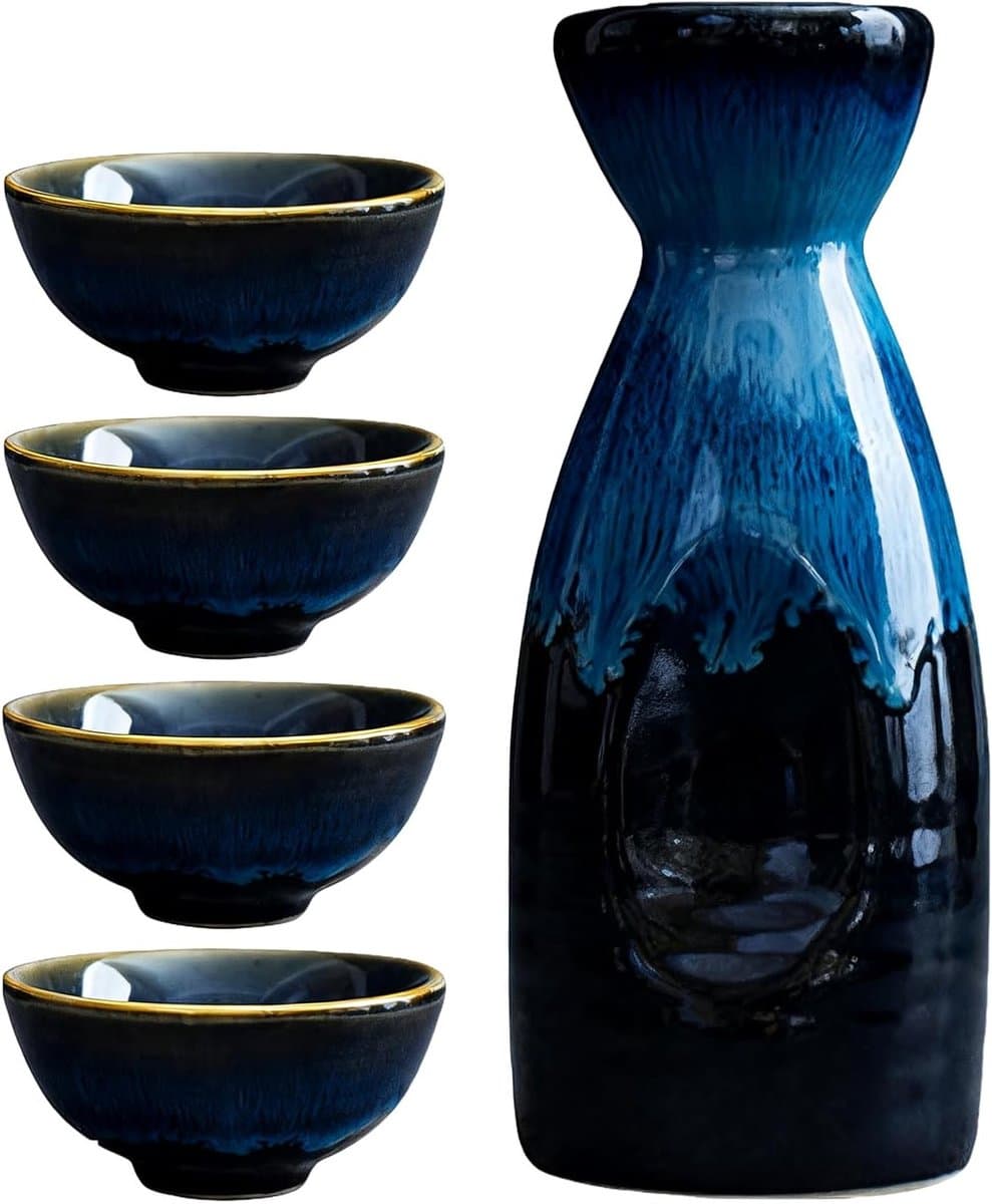 Ceramische Sake Set van 5 Stukken met 4 Sake Bekers en 1 Sake Pot voor Thuis, Kantoor en Restaurants, Ideaal voor Liqueur en Thee Ceremonies