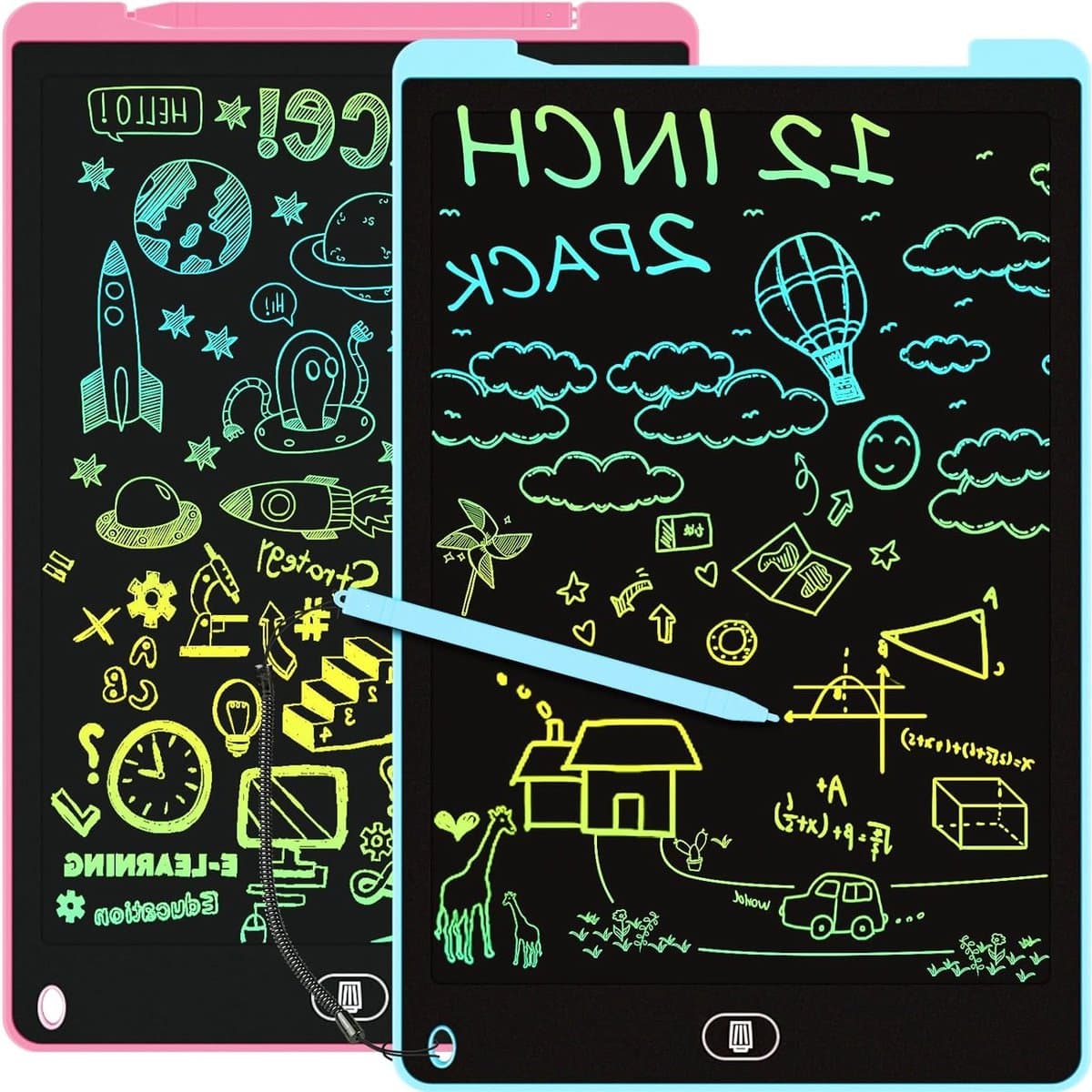 LCD Schrijfbord Set van 2, 12 Inch Teken Tablet voor Kinderen en Volwassenen, Herbruikbaar en Opruimbaar, Draagbaar en Oogbeschermend voor Thuis, School en Reizen - Blauw en Roze