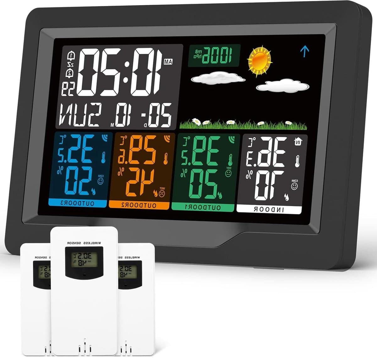 Weerstation met Sensoren - Weerstation Buiten Binnen - Weer Monitoren - 3 Buitensensoren - 75 inch Display - Zwart