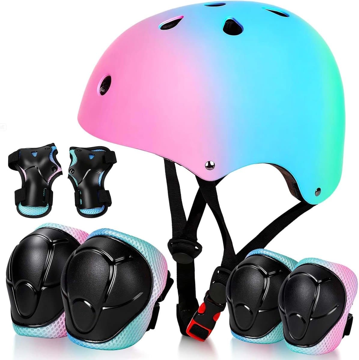 ZOSUDULL-Skate Beschermset Kinderen - 7-Delige-Skeeler-Bescherming-Met-Verstelbare-Kinderhelm-52-58cm-ABS-EPS-Kniebeschermers-Elleboogbeschermers-Polsbeschermers-Voor-Skaten-Fietsen-Step-Skateboard-Poederblauw-M