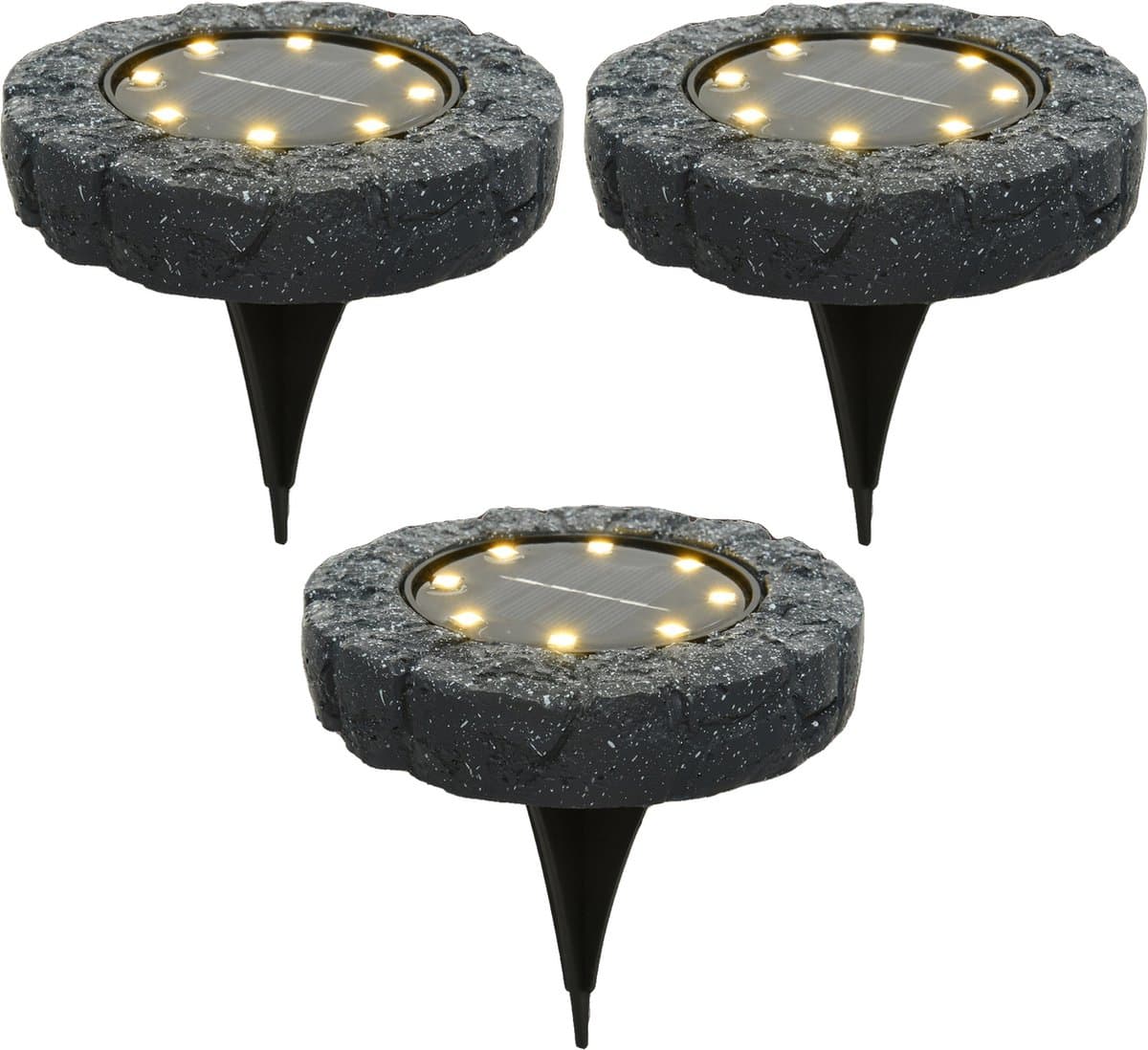 Lumineo Solar grond prikspot/tuinspot - 3x - LED - kunststeen - steengrijs - warm wit - 11 x 2 cm