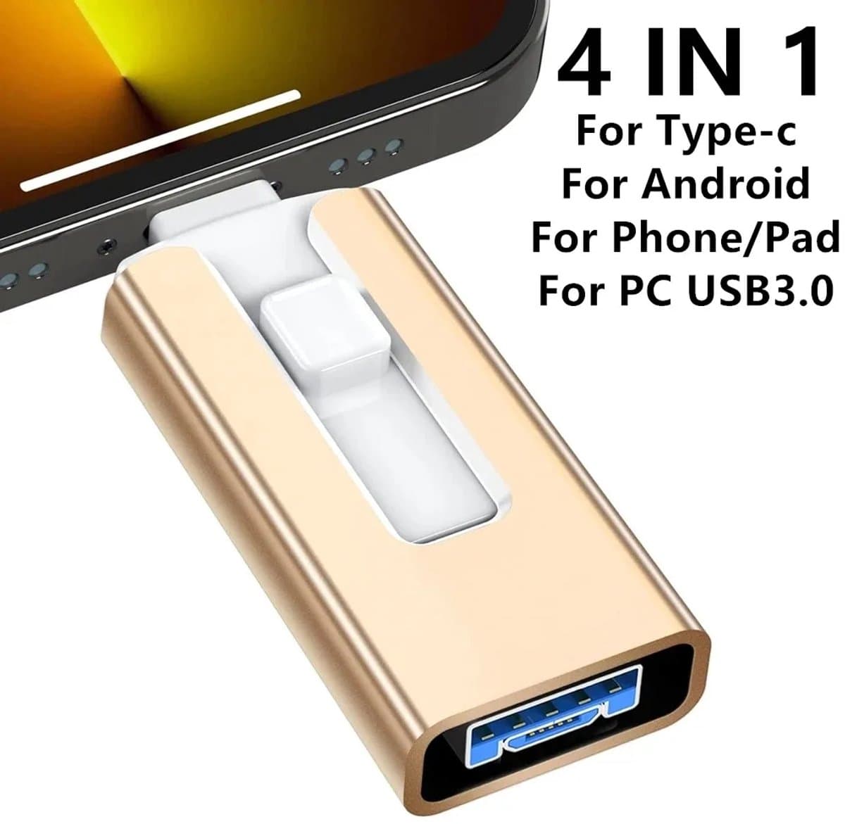 512GB 4-in-1 USB 3.0 Geheugenstick – Geschikt voor iPhone, iPad, Android en PC – Lightning, USB-C, Micro-USB & USB-A – Externe Opslag voor Foto’s, Video’s, Back-up & Bestanden