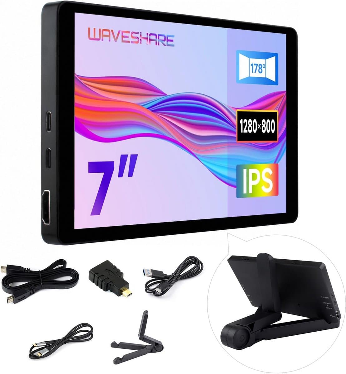7 Inch Capacitief Touchscreen Monitor 1280x800 HDMI & USB-C voor Raspberry Pi, PC en Smartphone