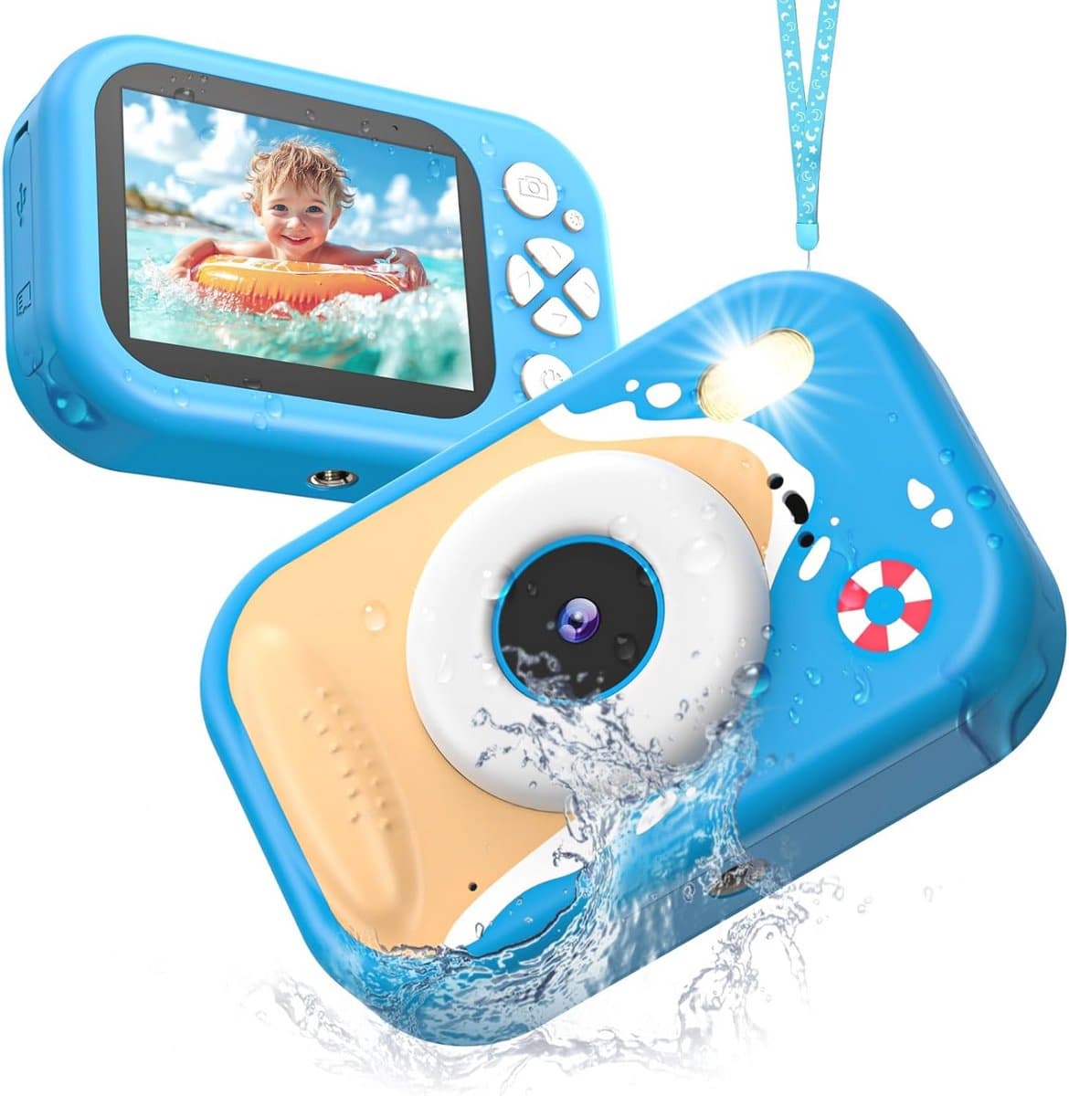 Kindercamera, waterdichte camera voor kinderen, HD 1080P digitale camera voor kinderen, videocamera, onderwatercamera voor kinderen met 2,4 inch scherm, cadeau voor meisjes en jongens, blauw