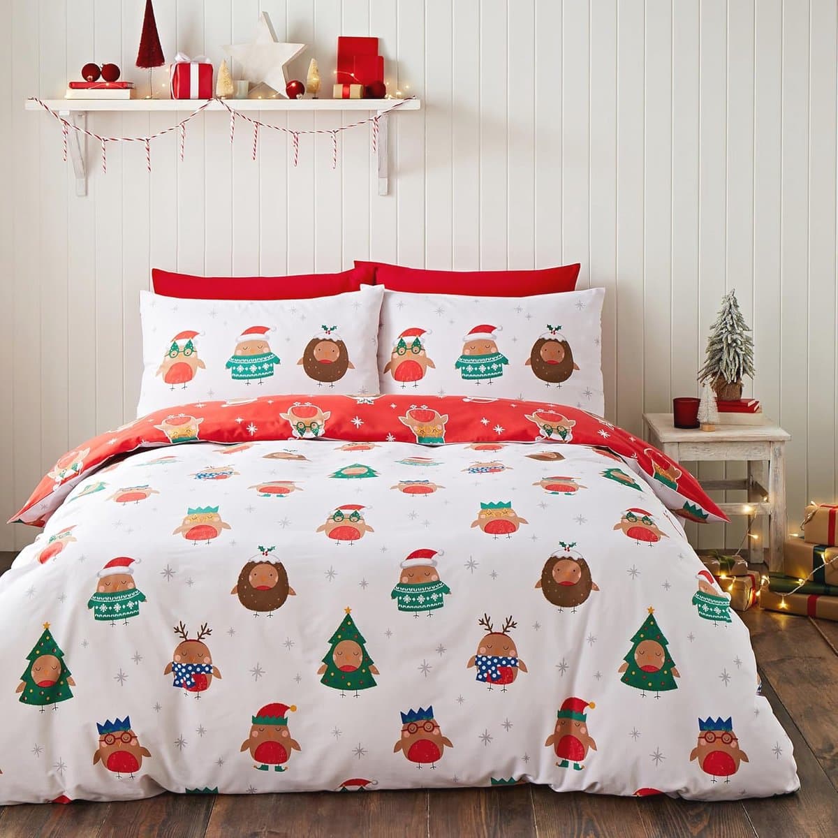 Kerst Feest Robins Omkeerbare King Dekbedovertrek Set met Kussenslopen