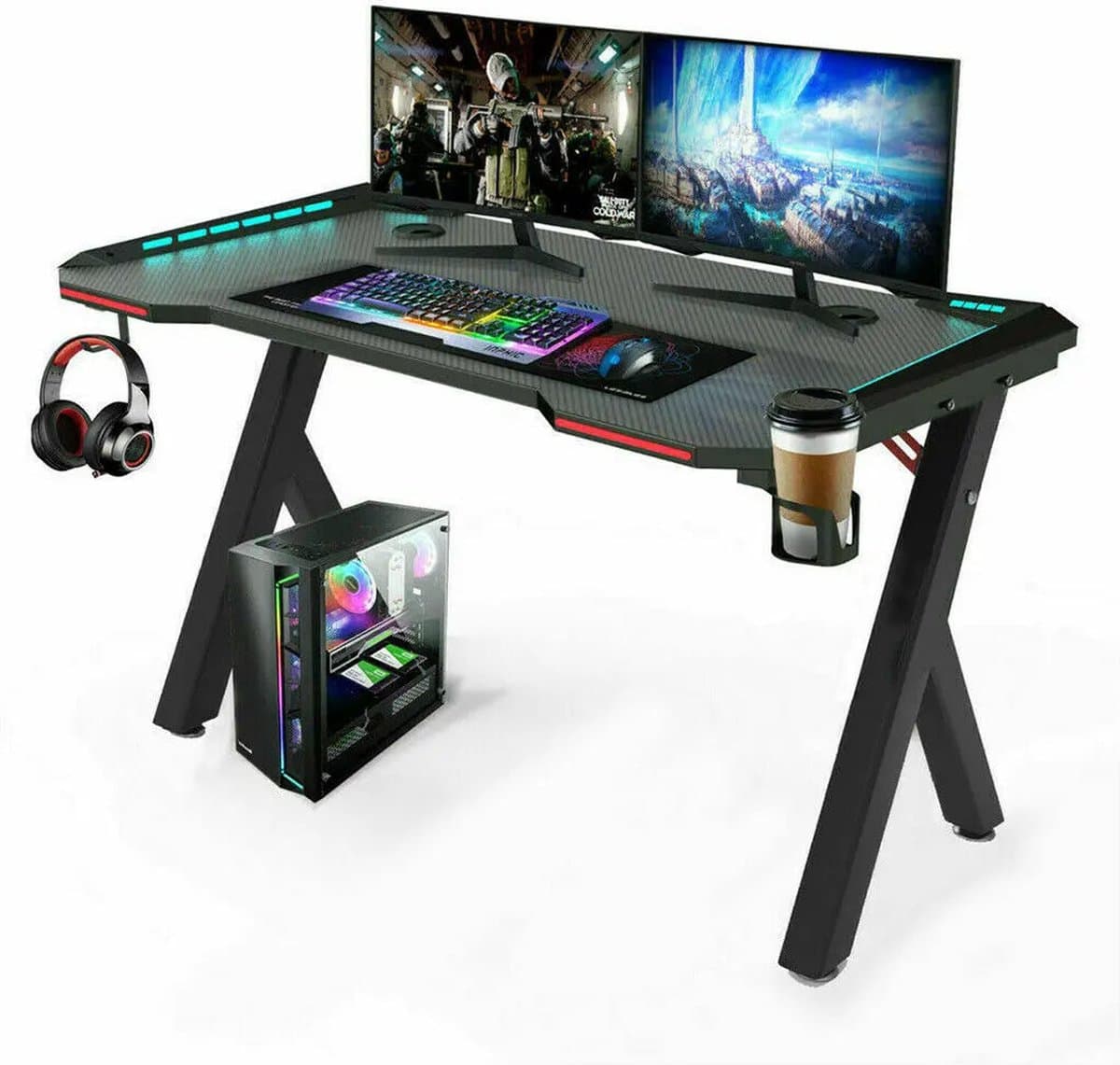 Groot Laptop Computer Bureau - Middelgroot - Rechthoekig Staand Bureau - Gaming en Thuiskantoor - PC Bureau - met RGB LED-verlichting - Zwart
