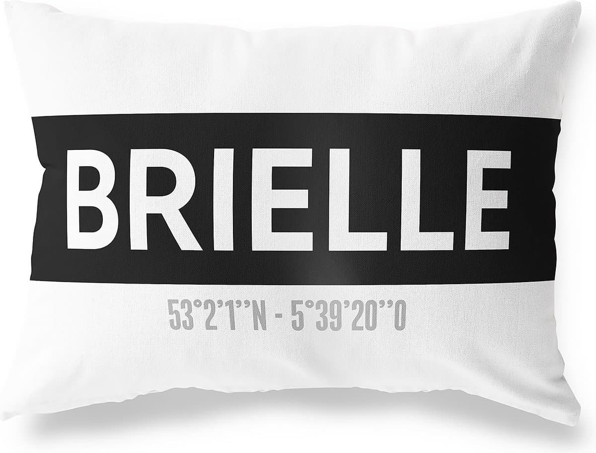 Tuinkussen BRIELLE - ZUID-HOLLAND met coördinaten - Buitenkussen - Bootkussen - Weerbestendig - Jouw Plaats - Studio216 - Modern - Zwart-Wit - 50x30cm