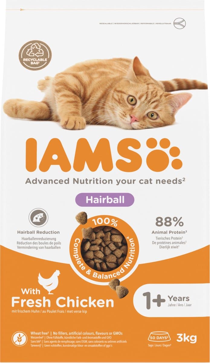 Iams Cat Adult Hairball Kip - Kattenvoer - 3 kg