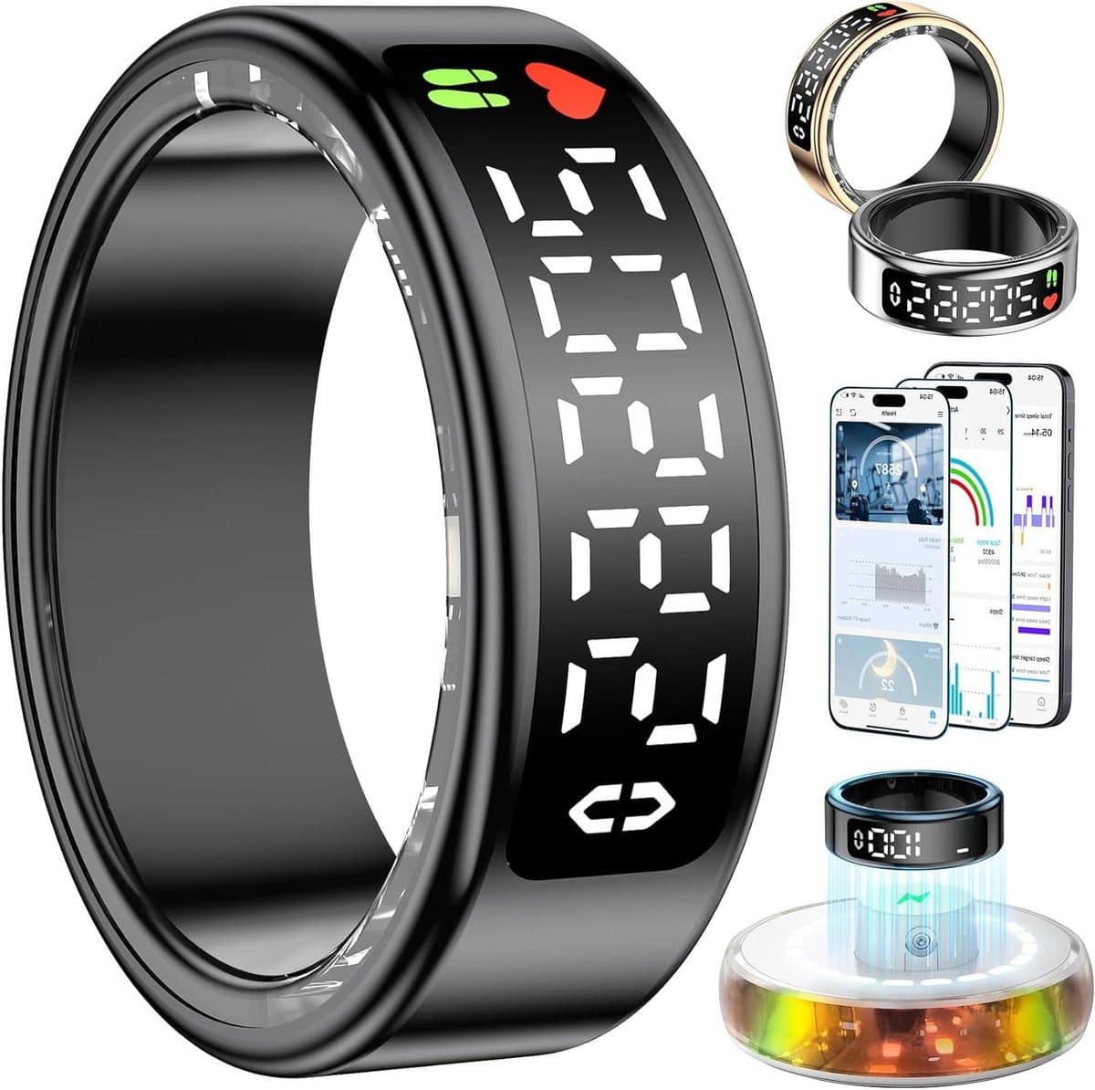 Slimme Ring - Fitness Tracker - Gezondheid Monitoren - Touchscreen LED Display - Maat 15 - Zwart