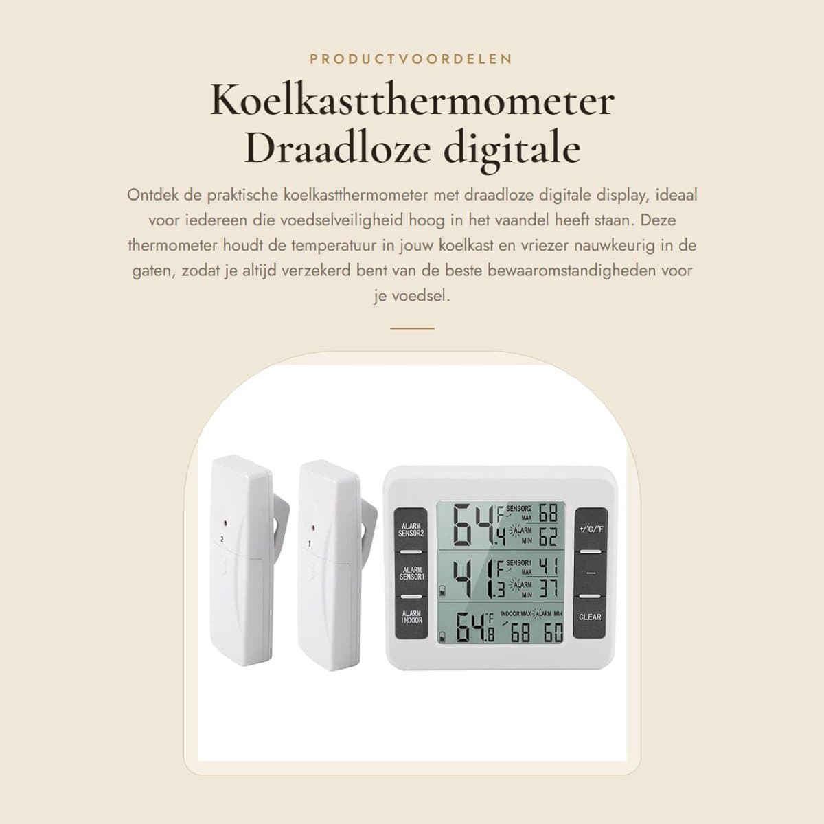 Dailygoods - Koelkastthermometer - Draadloze digitale display - Temperatuurmonitor - Vriezer thermometer - Min/max alarm - Geschikt voor koelkast en v...