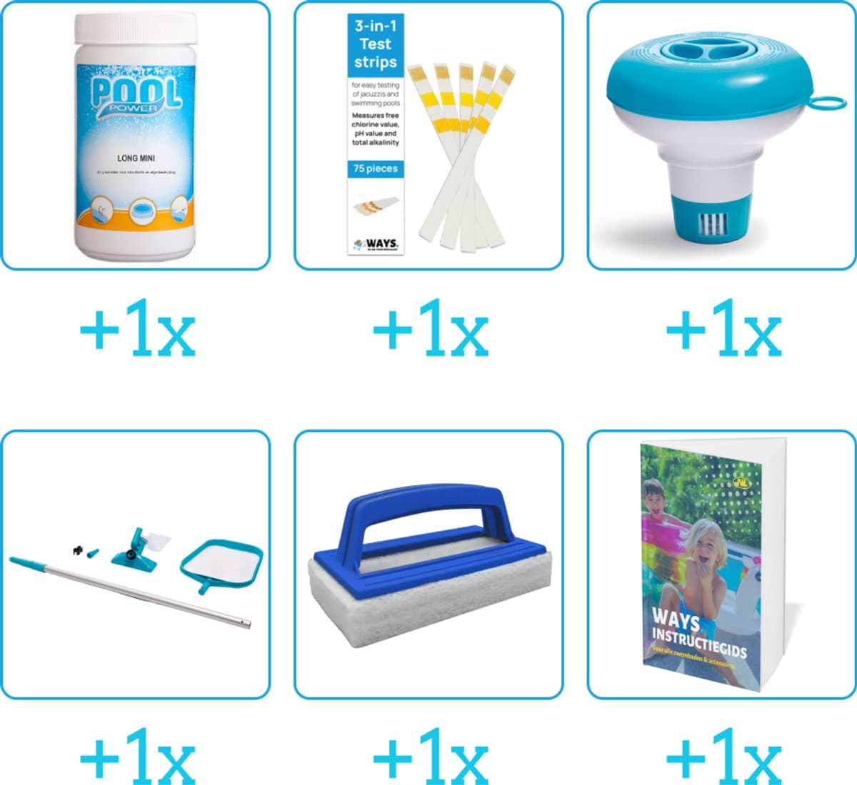 Zwembad Onderhoudspakket - Onderhoud Zwembad - bevat Chloor - Testrips - Chloordrijver - Schoonmaakset - Scrubborstel en Zwembadgids (6-delig)