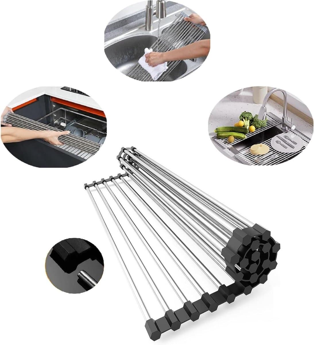 Afdruiprek Rvs - Droogrek Gootsteen - Keuken Opruimen - Oprolbaar & Hittebestendig - 52 x 39 cm - Zwart