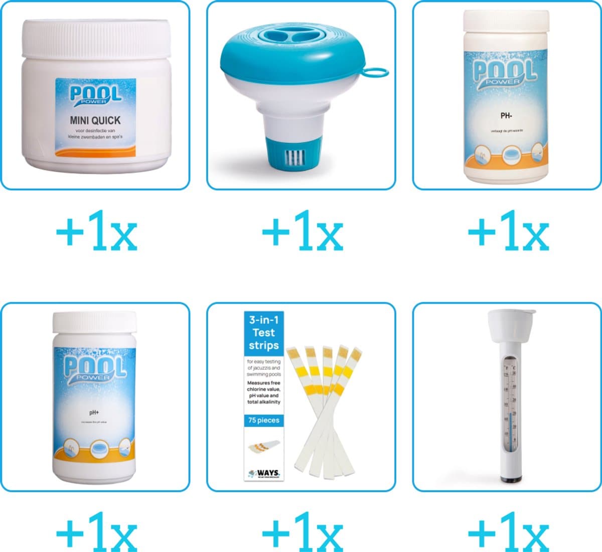 Zwembad Onderhoudspakket - Onderhoud Zwembad - bevat Chloor - Chloordrijver - PH-min - PH-plus - Testrips en Thermometer (6-delig)