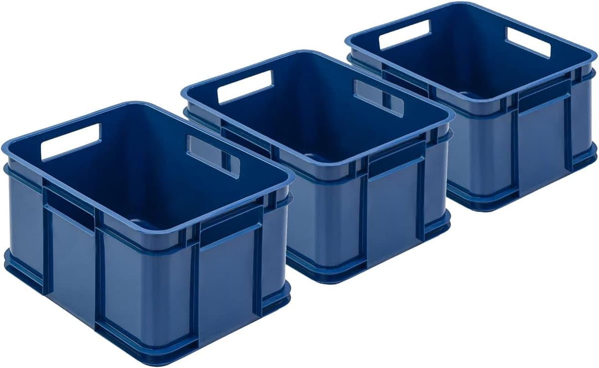 Stapelboxen 3 stuks - Euro bakken - Opbergen en organiseren - Gemaakt van gerecycled materiaal - 16 liter inhoud - Blauw