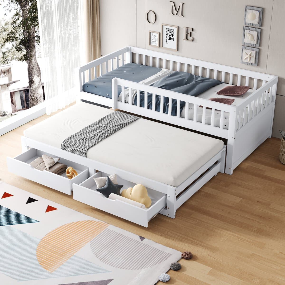 HAUSS SPOLE Slaapbank 90x200 cm - Met Uitschuifbed, 2 Lades En Rondom Veiligheidshek - Met Lattenbodem - Massief Hout - Wit - Zonder matras