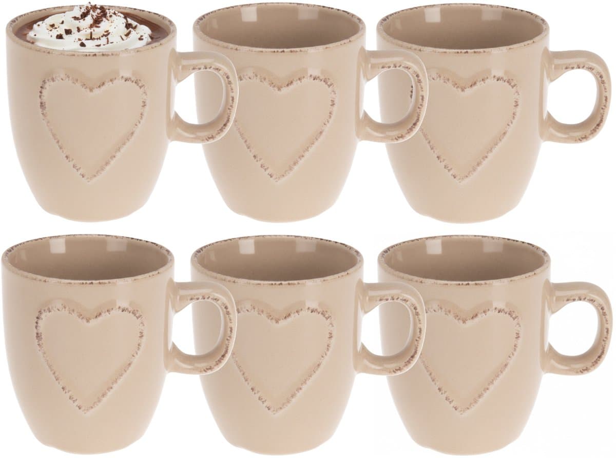 Siaki Koffiemokken set Heart - 8x - beige - 150 ml - mokken - met tekst - keramiek - giftset