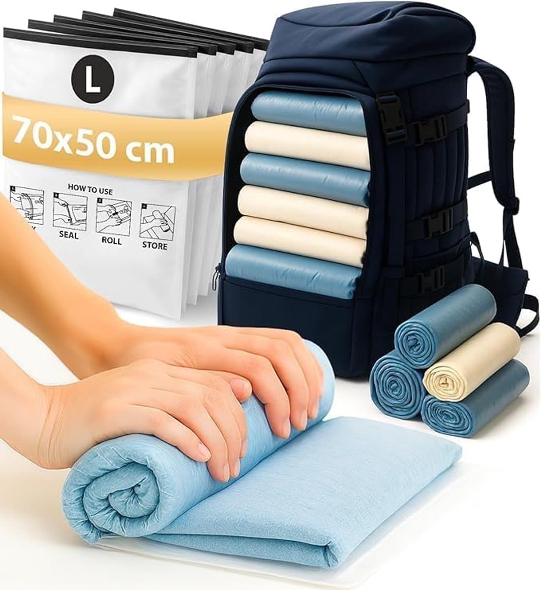 Vacuümzakken voor Oprollen - 8 Stuks - Maat L (70x50cm) - Compressiezakken voor Kleding tijdens Reizen zonder Stofzuiger