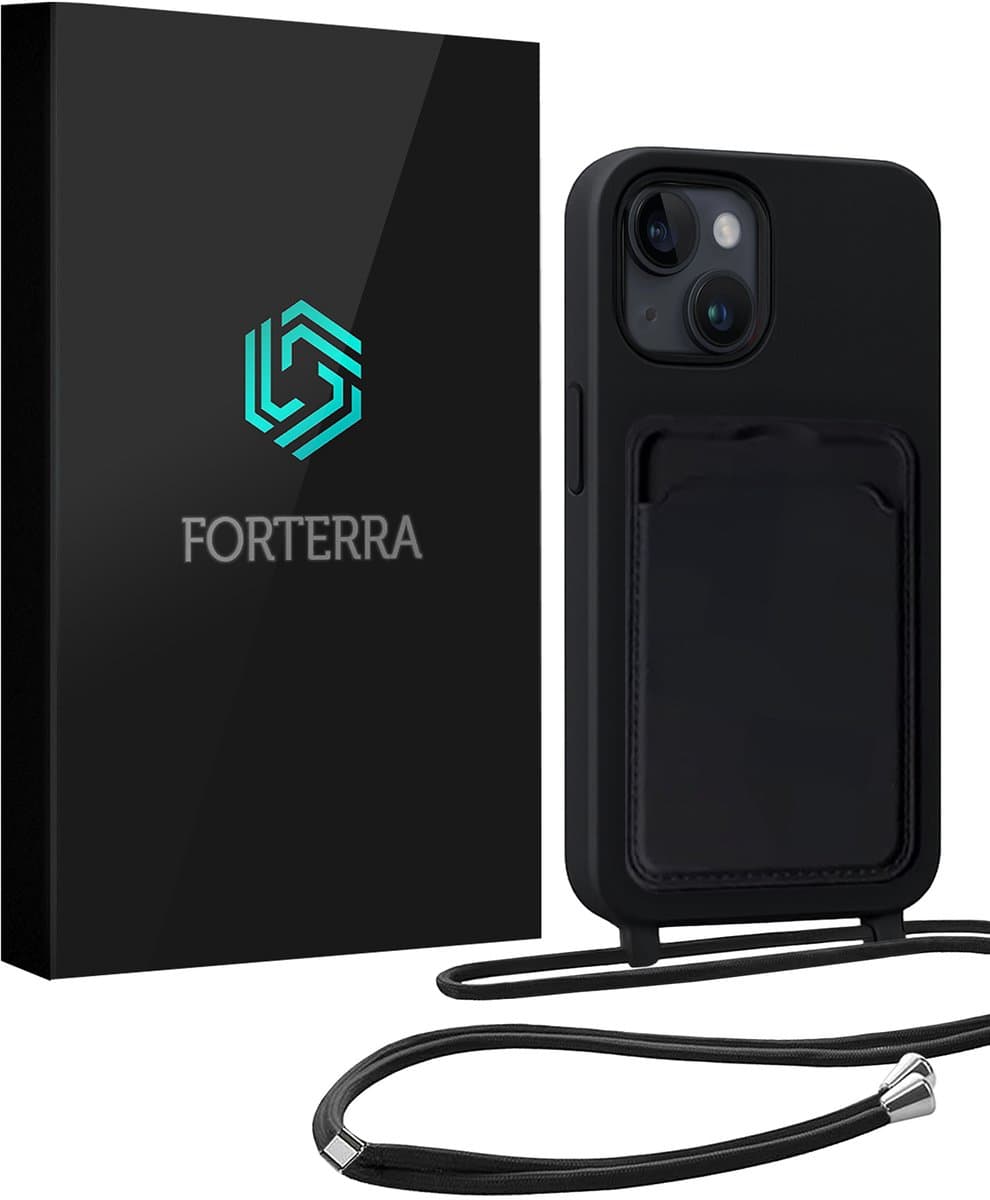 Hoesje Geschikt voor iPhone 14 Pashouder Case Siliconen Hoes Met Koord - Hoes Geschikt voor iPhone 14 Met Telefoonkoord Hoesje Back Cover Met Pasjeshouder - Zwart