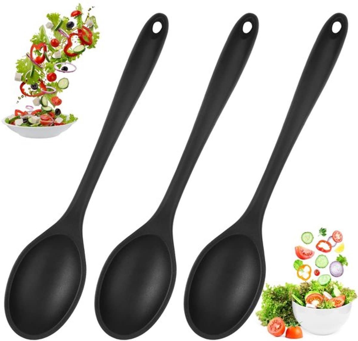 Store_8 - Siliconen Kooklepels - 3 Stuks Menglepels - Antiaanbaklaag - Zwart
