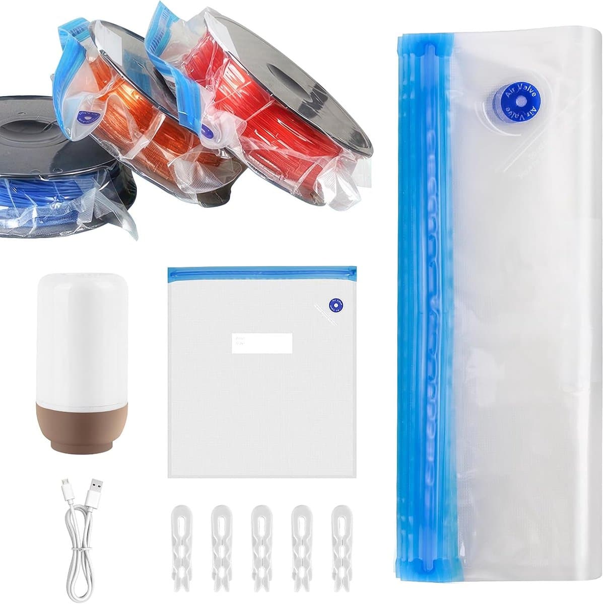 Thijox - 30 Stuks 3D-printerfilament Vacuümzakken Set met Autopomp, Herbruikbare Opbergzakken met Clips, 34x30 cm, Houdt Filament Droog, Perfect voor