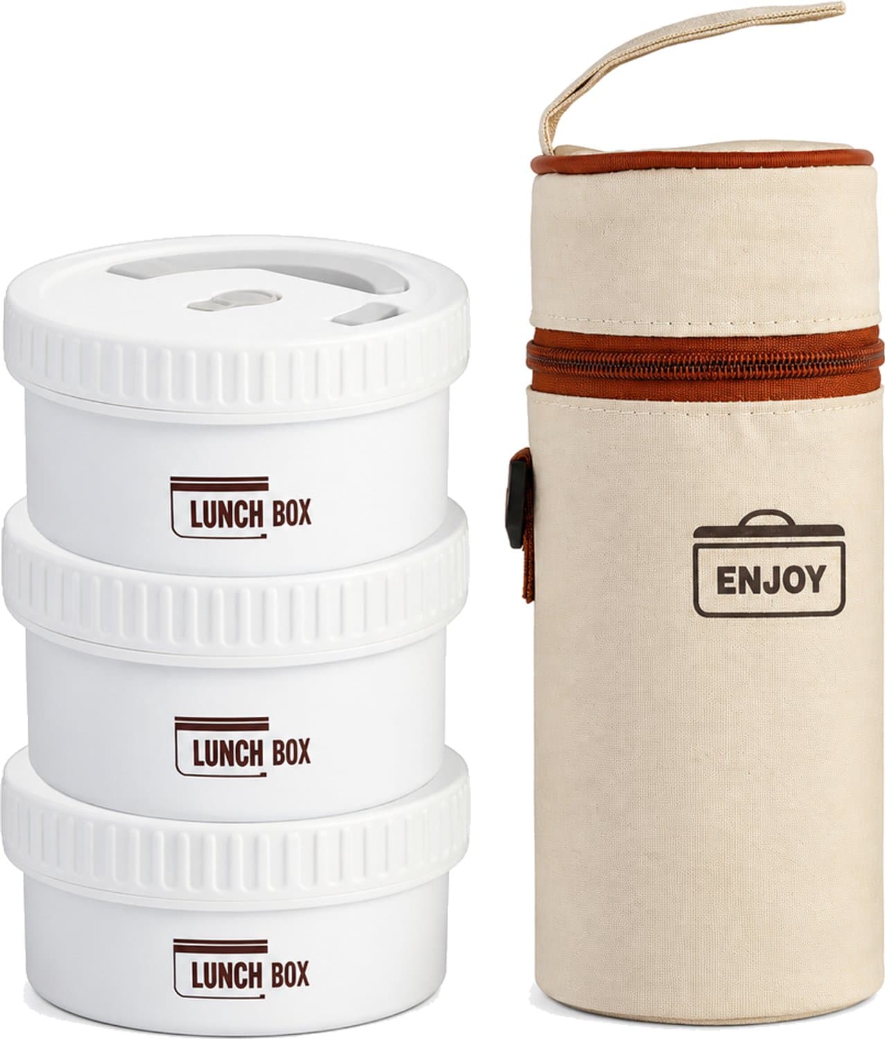 Broodtrommelset van 316 roestvrij staal, 3 ronde lunchboxen met deksels: 2 x 470 ml en 1 x 600 ml, met thermotas, crèmewit