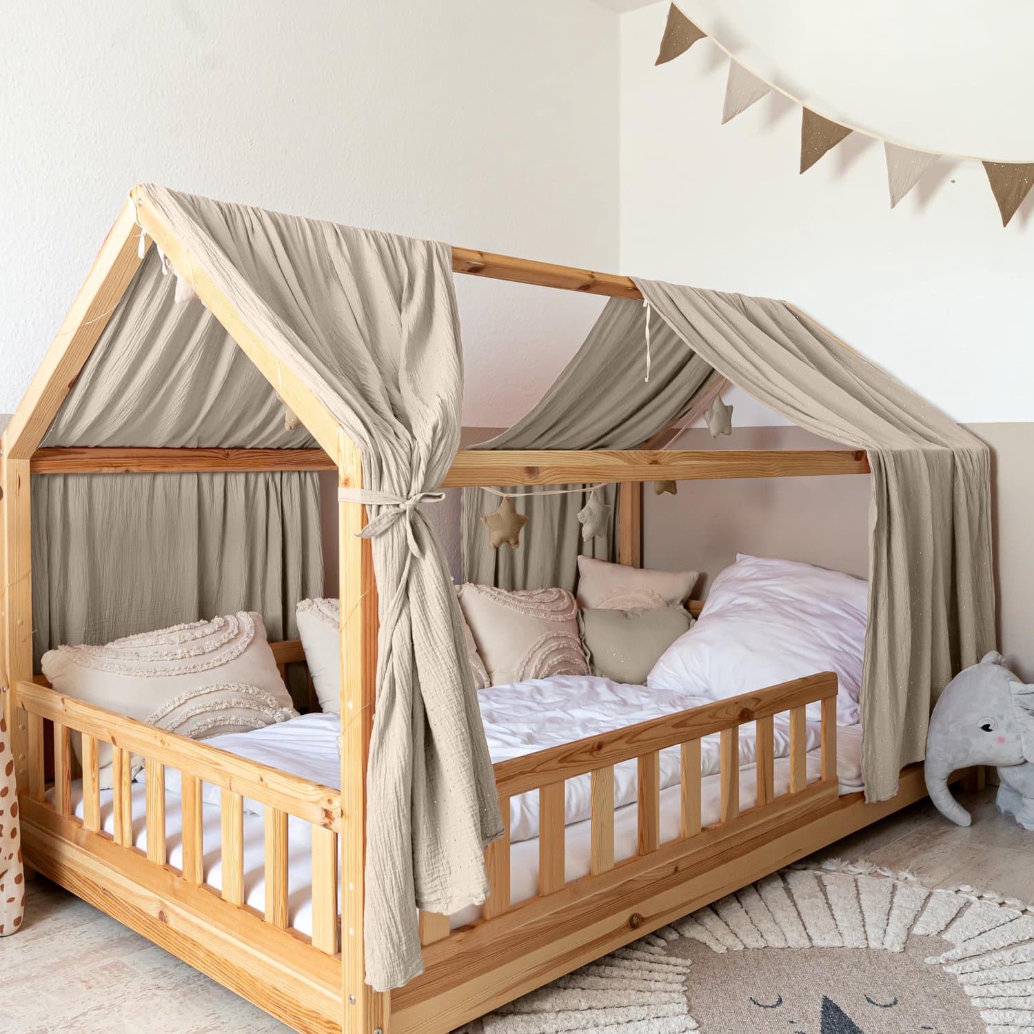LILIMAUS Huisbed hemeltje - bedhemel voor huisbed - 135 x 320 cm - mousseline katoen - lichtbeige