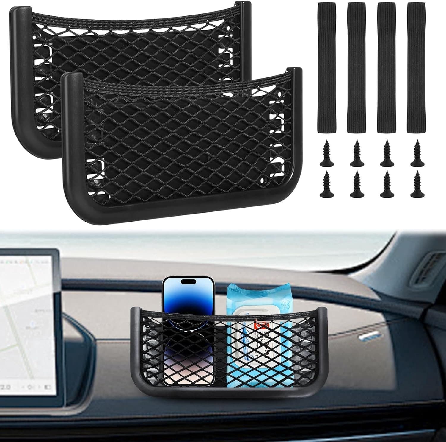 Opslagnet voor Auto's - Zelfklevend 26 x 12 cm - Elastisch Met Rubber Band en Schroeven voor Telefoons, Kleine Onderdelen en Zonbescherming