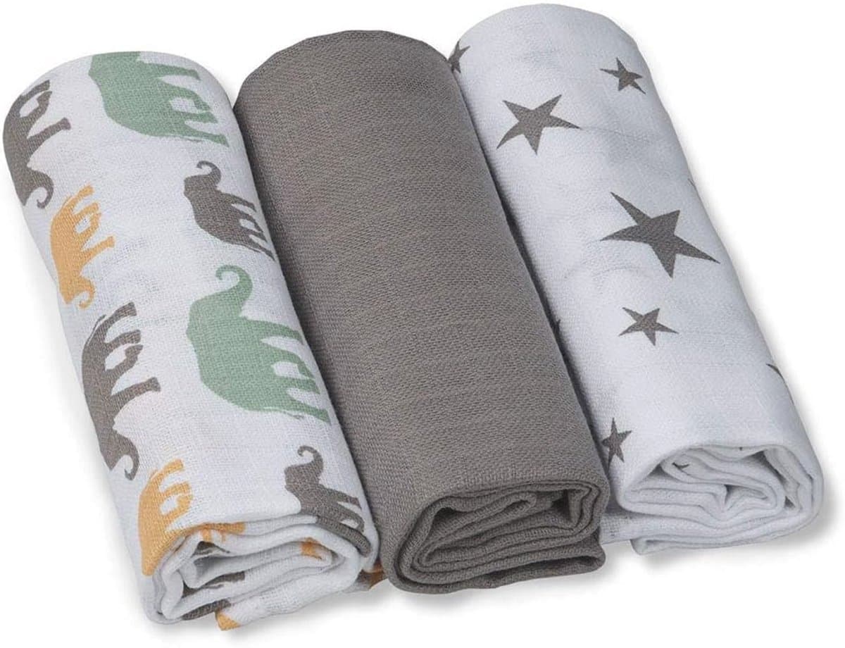 70 x 70 cm luiers van 100% katoen - Huidvriendelijk en absorberend, 3 stuks - Grijs met sterren en olifanten