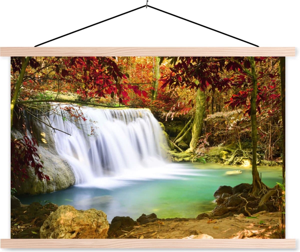 Posterhanger incl. Poster 150x100 cm - Schoolplaat - Herfst - Waterval - Natuur - Textielposter - Blanke latten