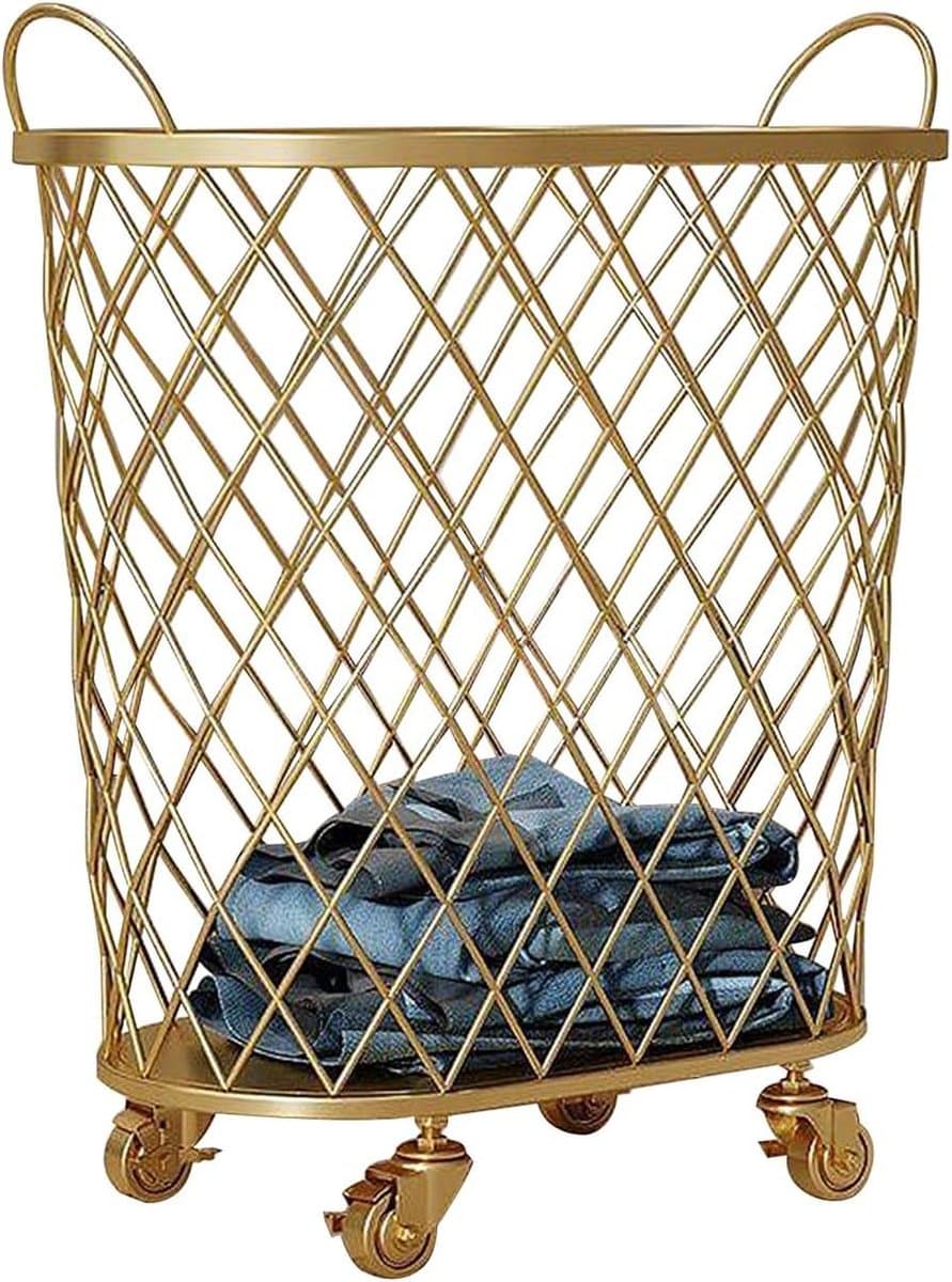 Opbergmand Wielen - Metalen Mand - Huishouden Organiseren - Ademend Mesh Ontwerp - 55 cm Hoog - Goud