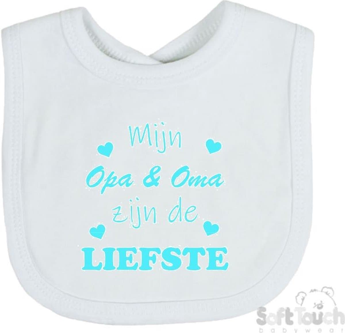 Soft Touch Slabber Slabbetje Slab "Mijn Opa & Oma zijn de liefste" Unisex Katoen Wit/aquablauw Maat 33x22 Cm