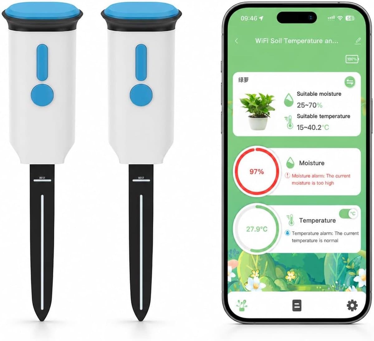 Wifi-bodemvochtigheidssensor met bodemtemperatuur, Smart Life app plantenmonitor voor kamerplanten, 2,4 GHz zonder hub, alarm bij te droge of natte grond, verloop, gegevensexport, IP66, 2 stuks