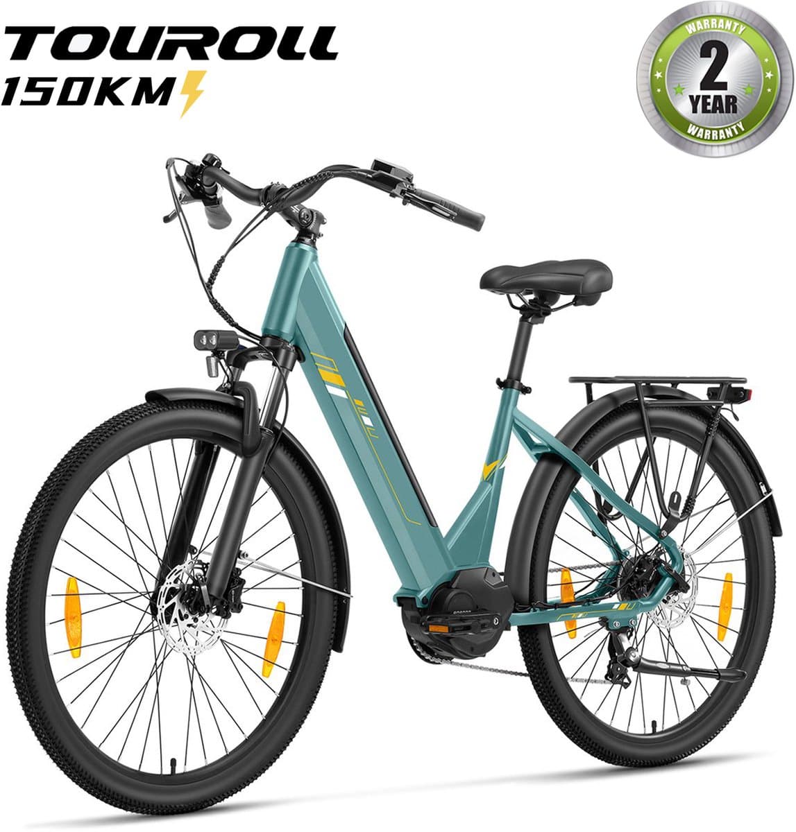 Touroll Urbano 3 Elektrische Fiets - 250W Mid-Motor - 70Nm Koppel - 468Wh Accu (max 150km) - Hydraulische Schijfremmen - Shimano 7 Versnellingen - Vering met Lockout - Comfortabel Step-Through Frame - 27.5 inch - Teal