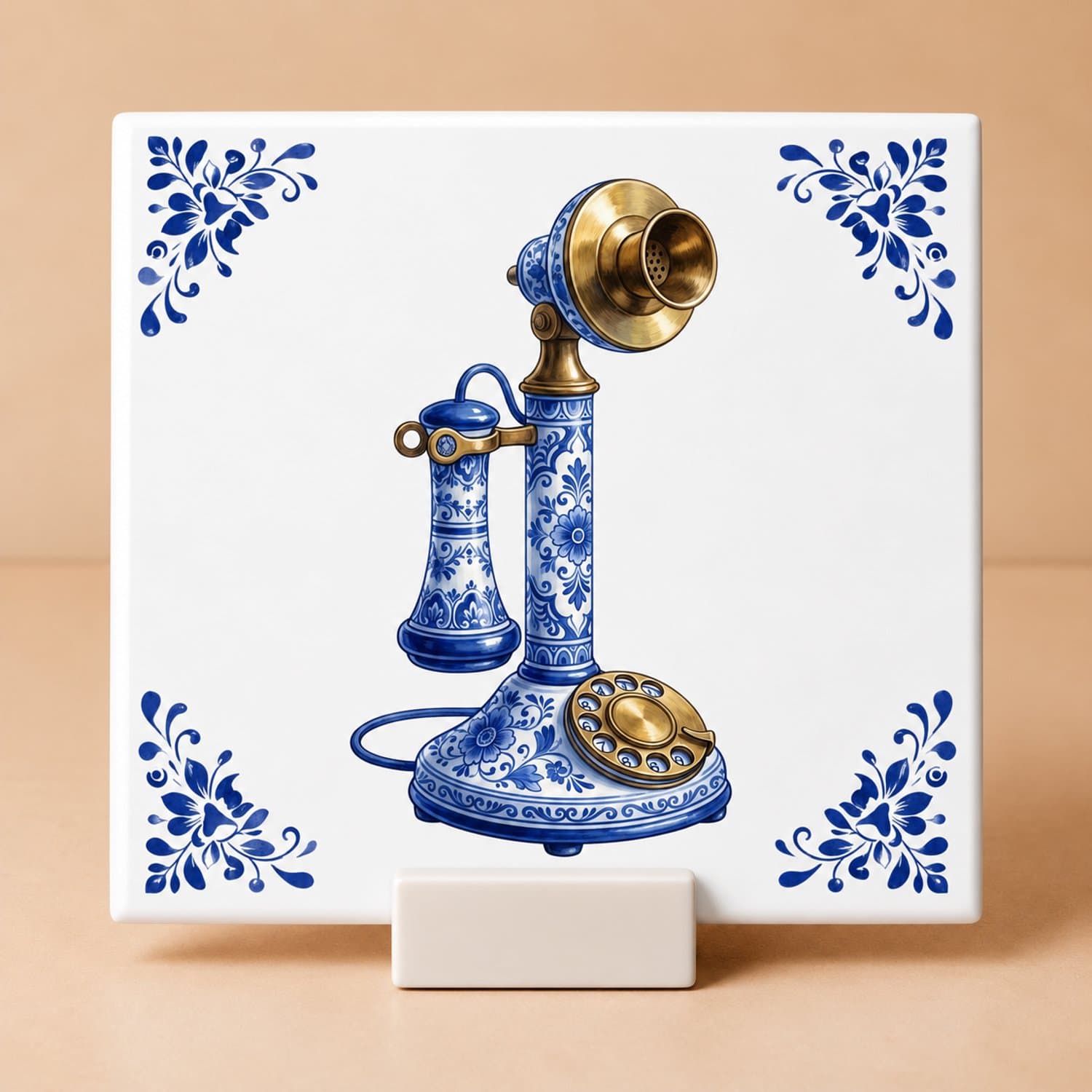 Delftsblauw Tegeltje 11x11 Antieke Telefoon met Houdertje – Cadeau voor Retrofan of Verzamelaar