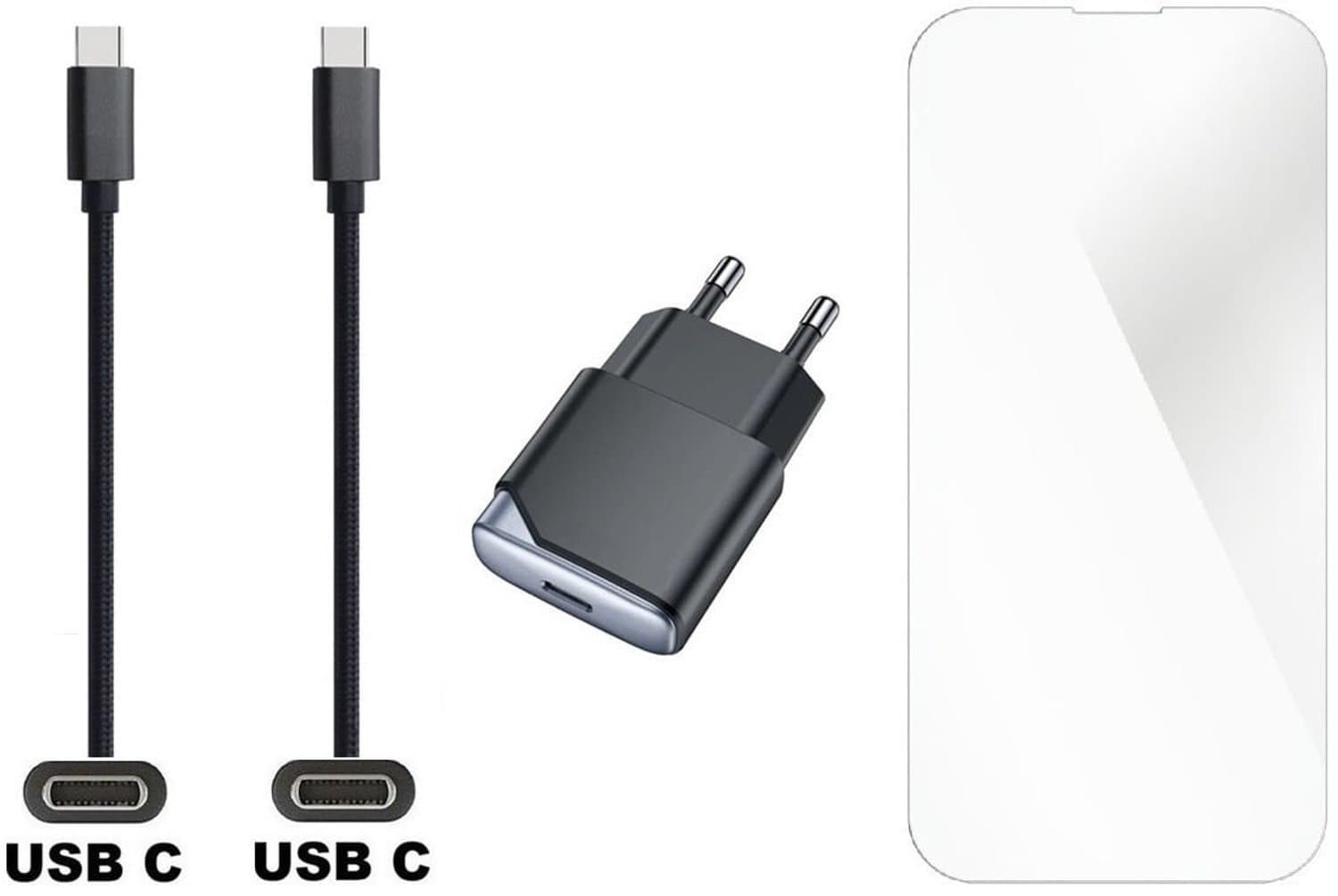 OneOne 30W super snellader USB C poort + 0,5m USB C naar USB C kabel en glazen screenprotector. Krachtige zwarte universele PD PPS lader. Compacte oplader adapter met GaN III technologie. Screenprotector past op iPhone 15 Plus, iPhone 15 Pro Max