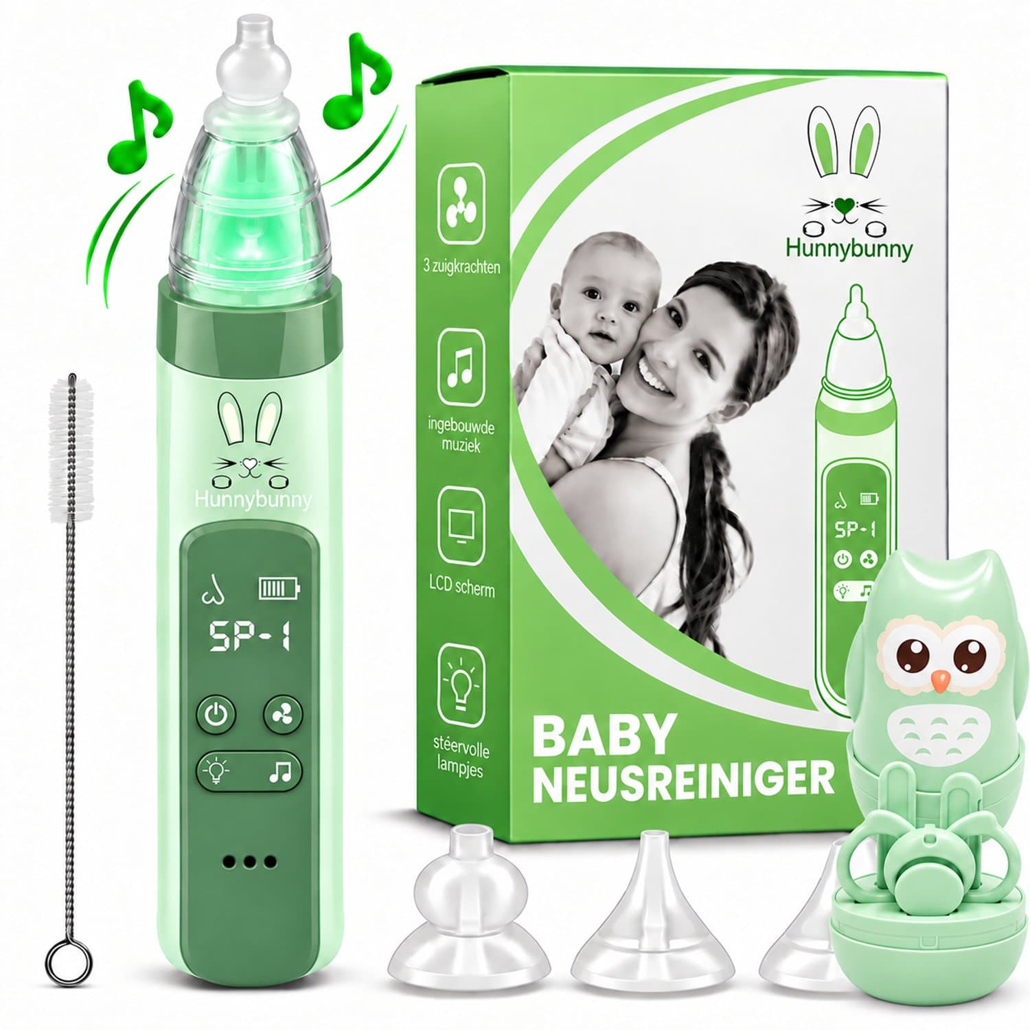 Hunnybunny® Elektrische Neusreiniger voor Baby’s met Muziek en Licht – Neuspeer - Aspirator - Neuszuiger - Incl. Verzorgingssetje