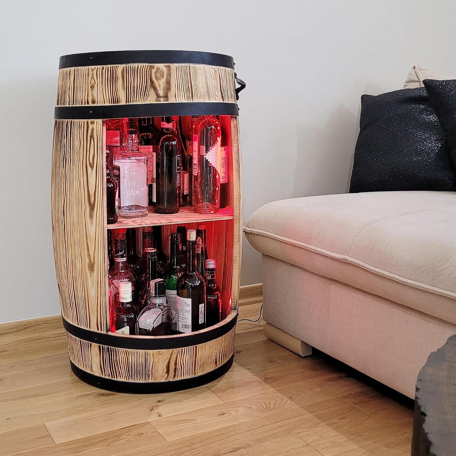 Houten Wijnvat Barkast met RGB LED Verlichting – Wijnrek, Flessenkast en Decoratieve Bar 80 × 50 cm – House&Garden