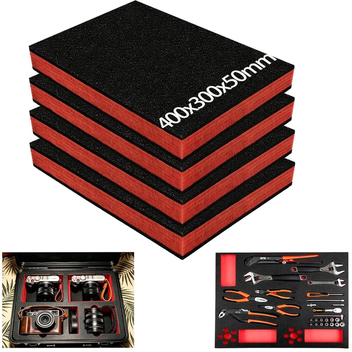 Schuimrubberen inzetstukken, 40 x 30 x 5 cm, op maat gesneden, schokabsorberend, antistatisch, schuimrubberen inzetstuk voor transport, schuimrubberen inzetstuk, gereedschap voor
