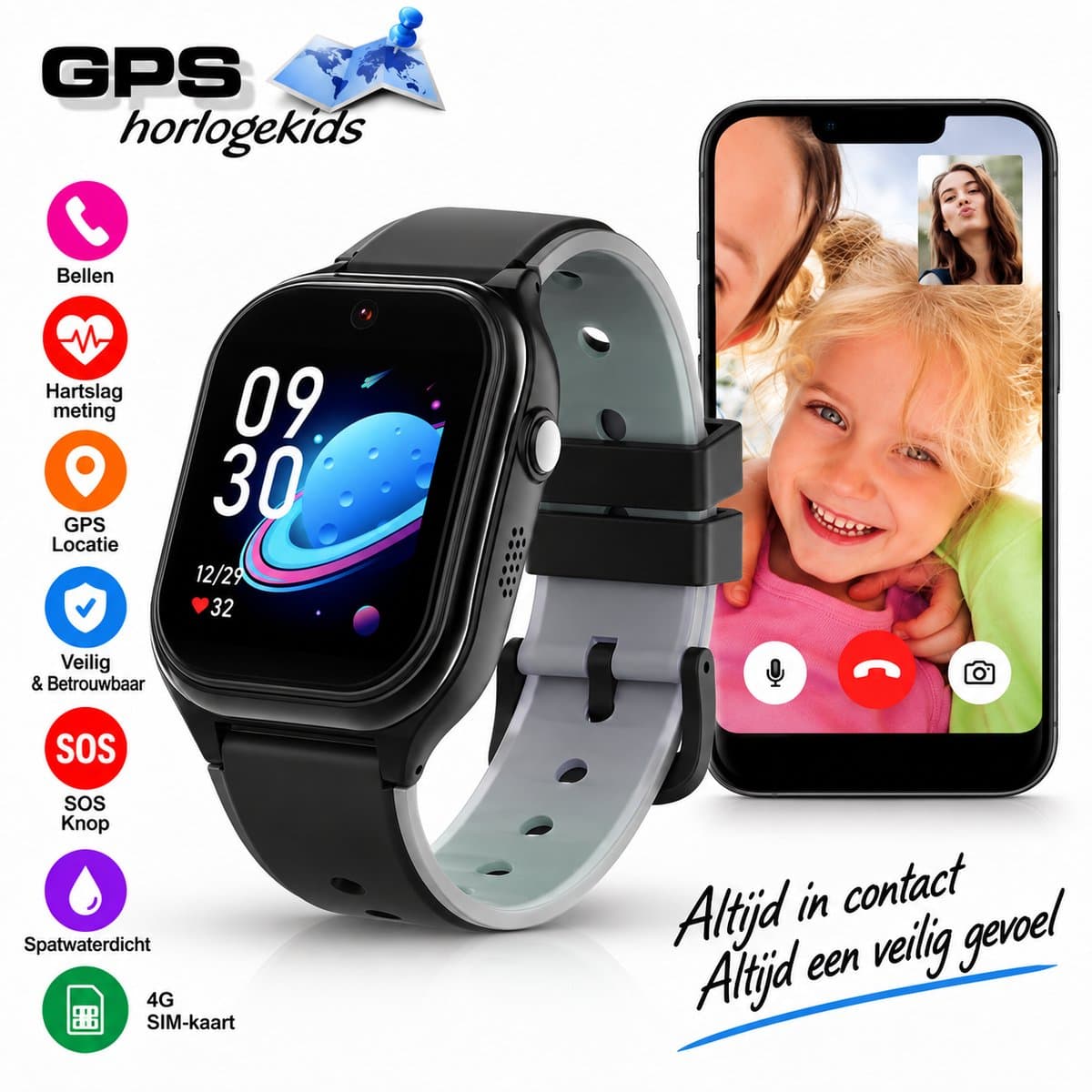 GPSHorlogeKids© - smartwatch kinderen - GPS horloge kind - kleinste model 2026 - kinder smartwatch - 4G videobellen - SOS alarm – veilige zone - klasse tijd - alarm - spatwaterdicht - hartslag - incl. SIM - CURVE zwart