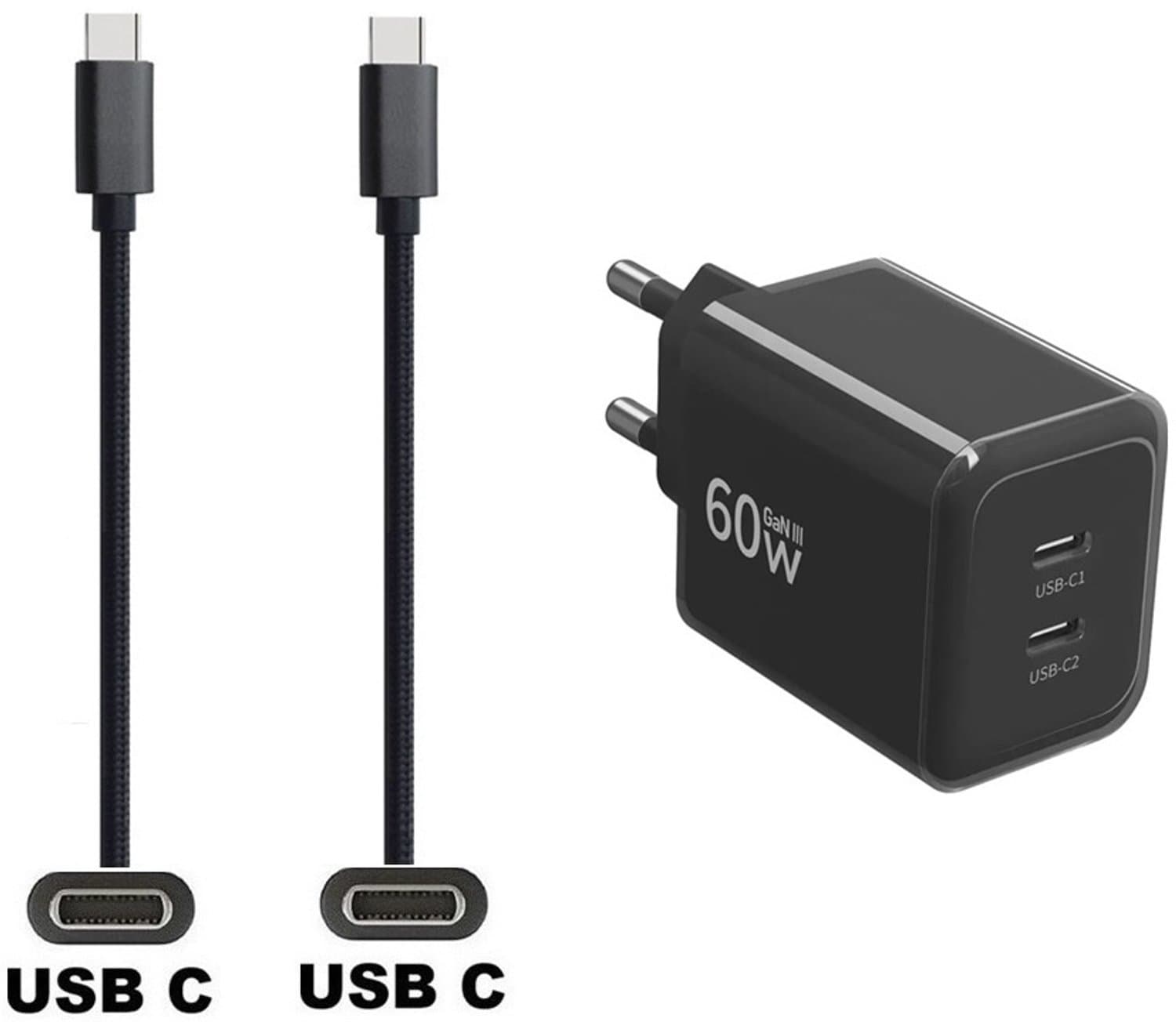 60W super snellader met 2 USB C poorten + 2,0m sterke USB C naar C kabel. AVS, PPS, GaN 3, PD lader. Oplader adapter past op Samsung Galaxy S23, S23 FE, S23+, S23 Ultra, S24, S24+, S24 Ultra, S25, S25FE, S25+, S25 Ultra, Z Flip
