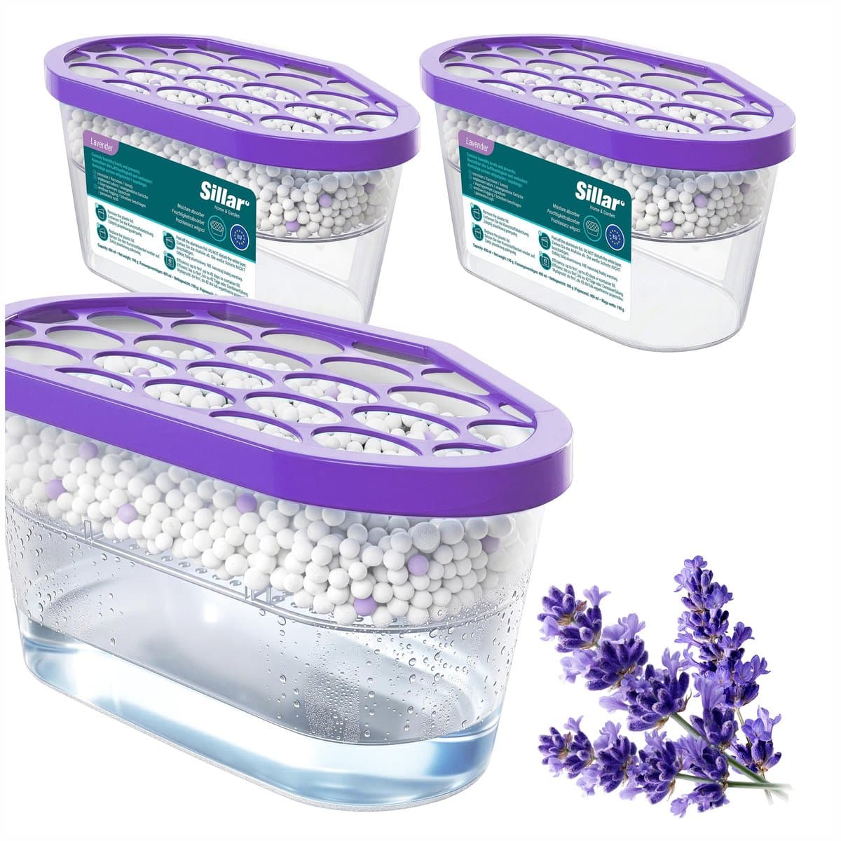 Sillar Set 3 vochtabsorbers 400ml - luchtontvochtiger - vochtopnemer voor kasten, kleerkasten, keuken, badkamer - lavendel