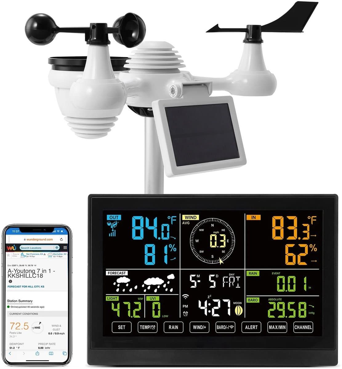 Innovastore Weerstation - 7-in-1 weercentrum - Buitensensor windsnelheid - Zonne-energie - 7.5 inch display - WIFI weerstation