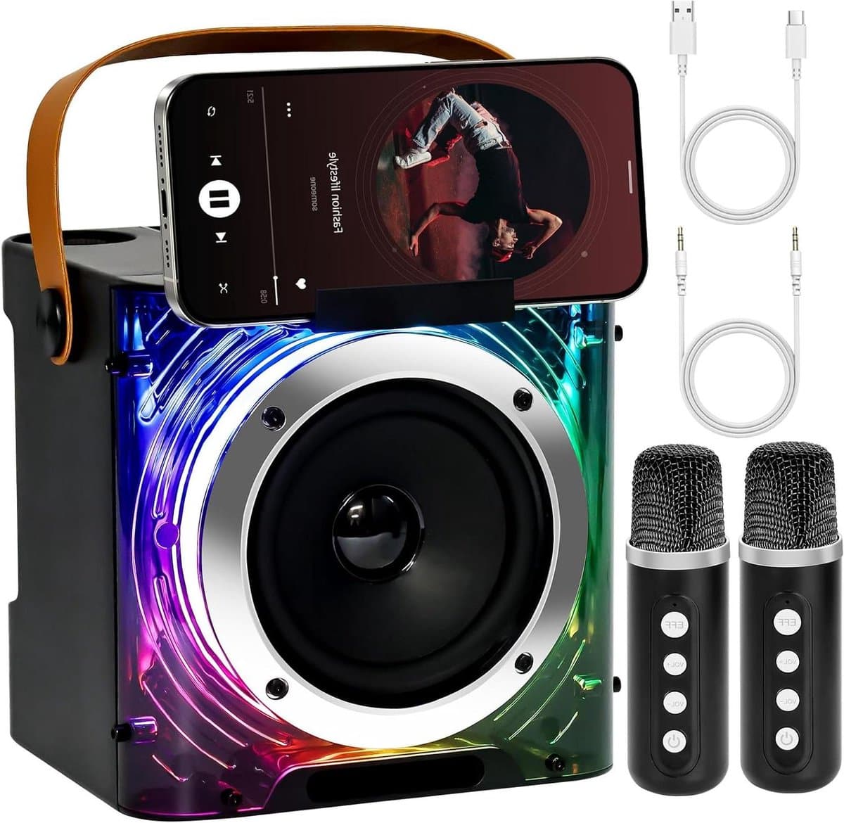 Karaoke Machine - Draagbare Speaker - Feestelijke Optredens - Met Lichteffecten - 10cm Speaker - Zwart